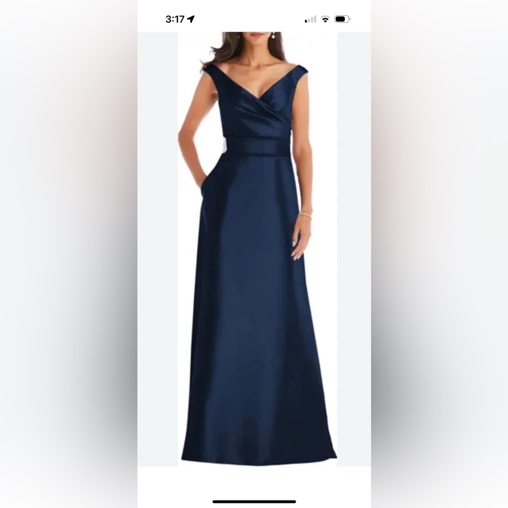 ALFRED SUNG Navy Blue V-Neck Satin Maxi Dress